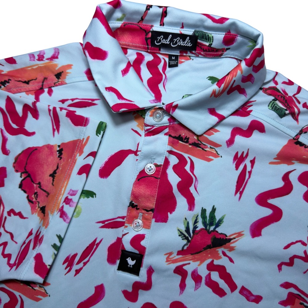 Bad Birdie Men Golf Polo Shirt Medium Tropical Palm Tree Island Print blue Pink